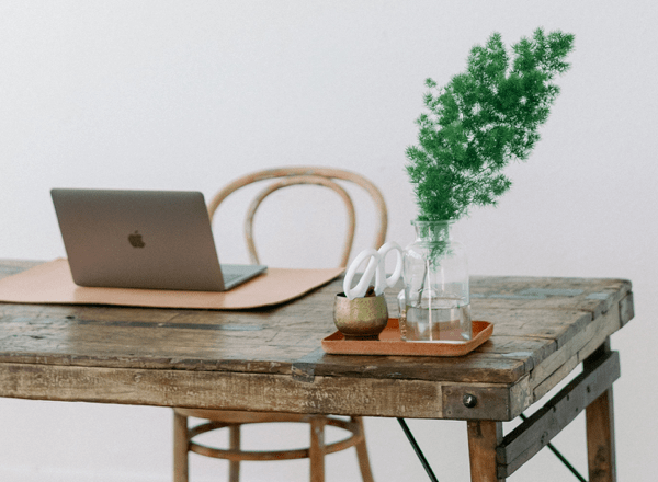 A wooden table with a wooden chair decorated with electronics and a green healthy plant