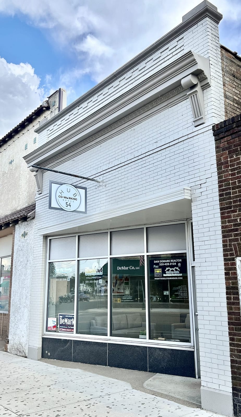 Hub 54 Co-Working Space storefront on Broadway in downtown Little Falls, MN